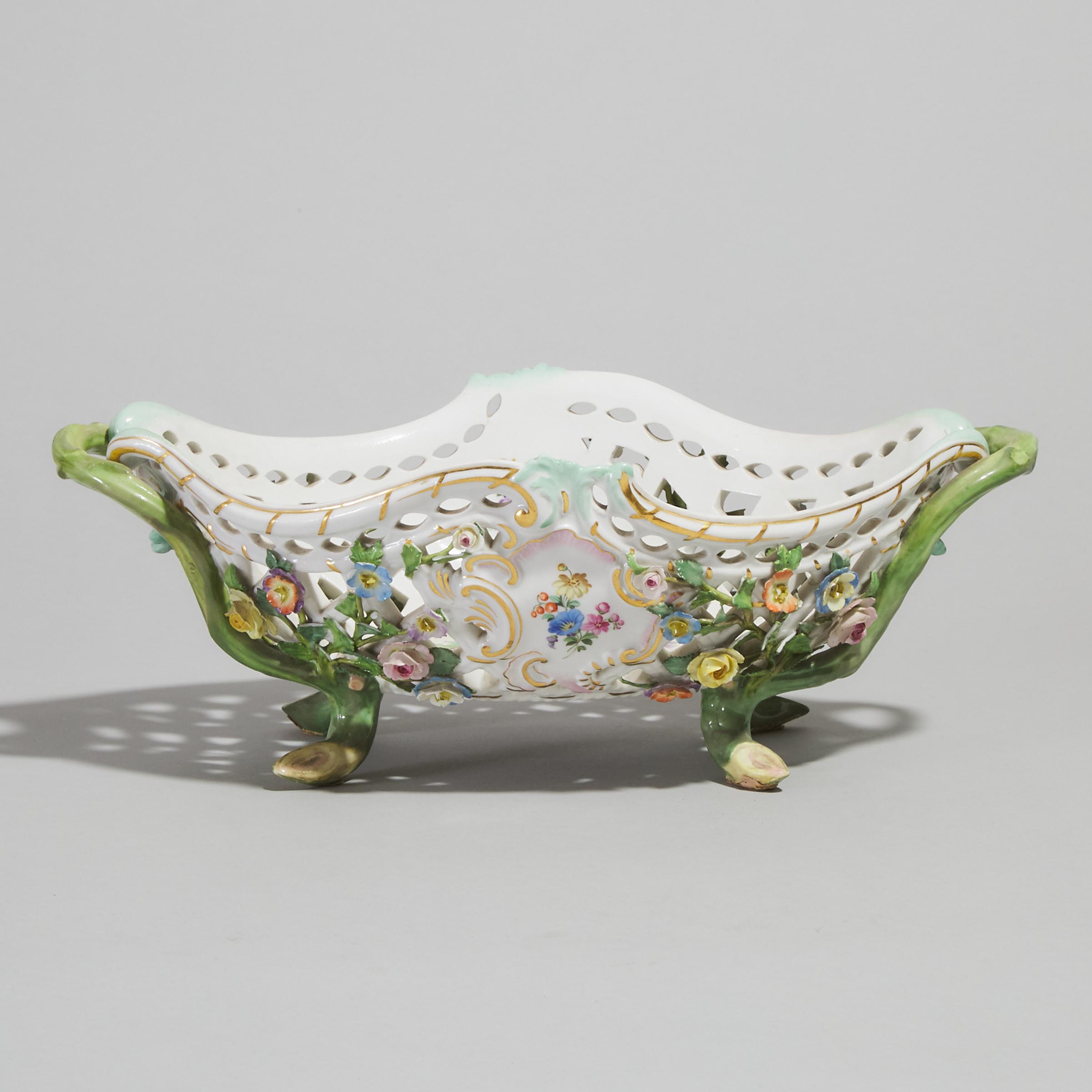 Meissen Flower-Encrusted and Reticulated Oval Two-Handled Basket, late 19th/early 20th century