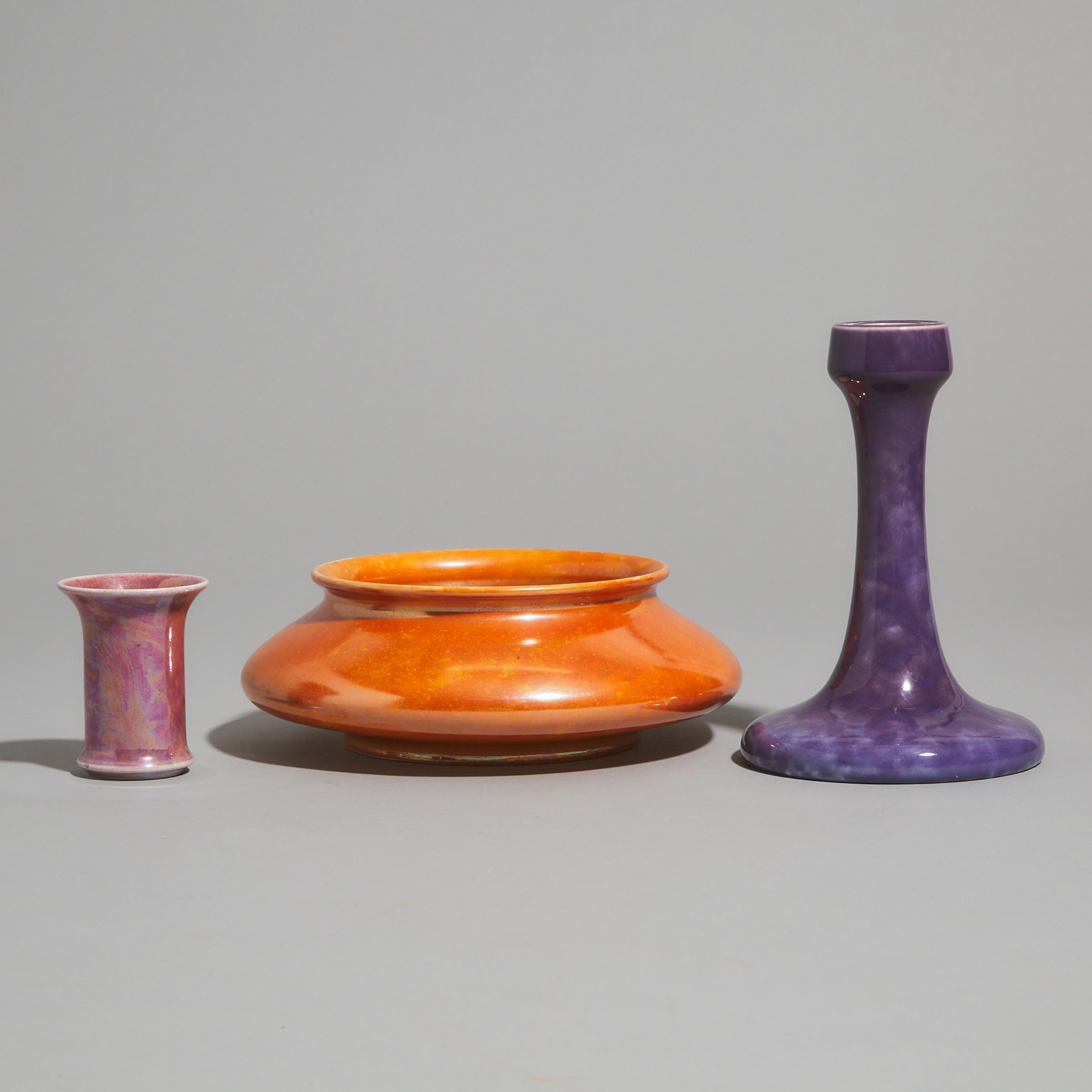 Ruskin Lustre Glazed Bowl, Candlestick, and a Small Vase, 1915-20