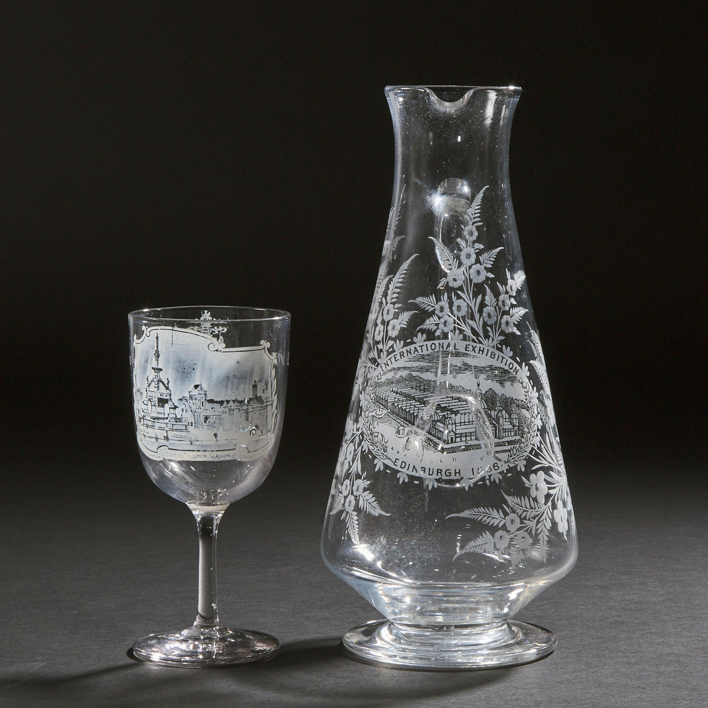 Scottish Etched Glass Jug, 'International Exhibition, Edinburgh 1886' and a Goblet, 'Scottish Exhibition, Glasgow 1911'