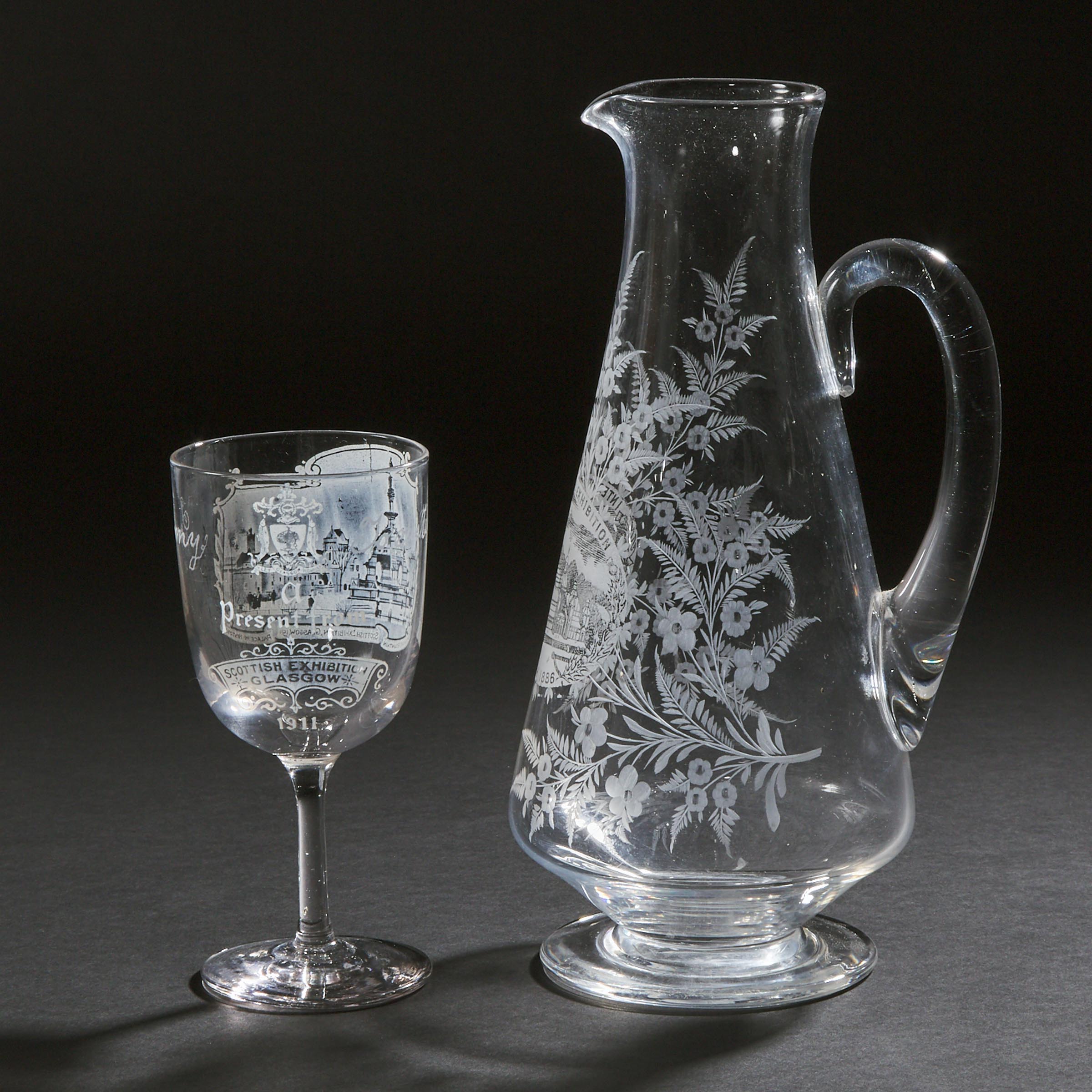 Scottish Etched Glass Jug, 'International Exhibition, Edinburgh 1886' and a Goblet, 'Scottish Exhibition, Glasgow 1911'