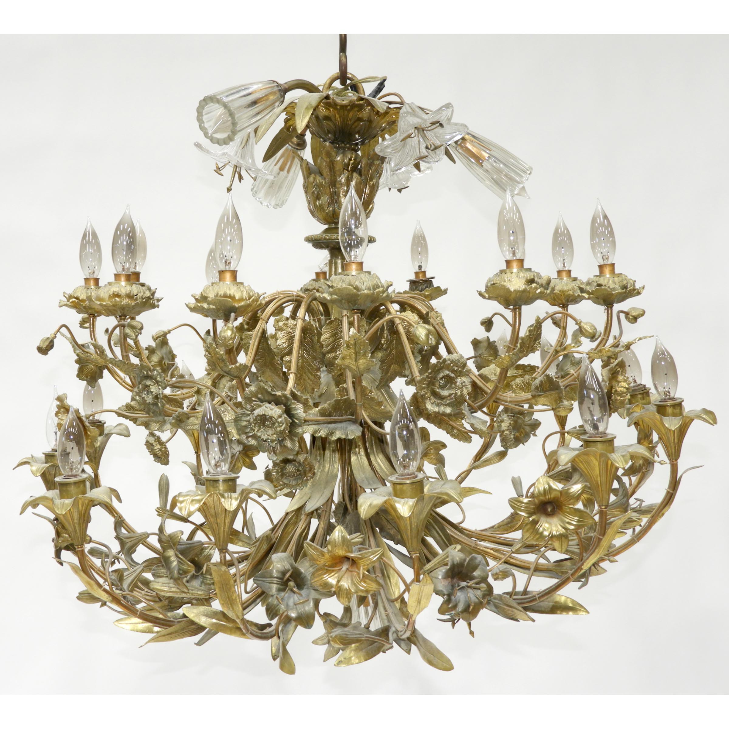 French Gilt Bronze Lily and Poppy Bouquet Form Chandelier, early 20th century