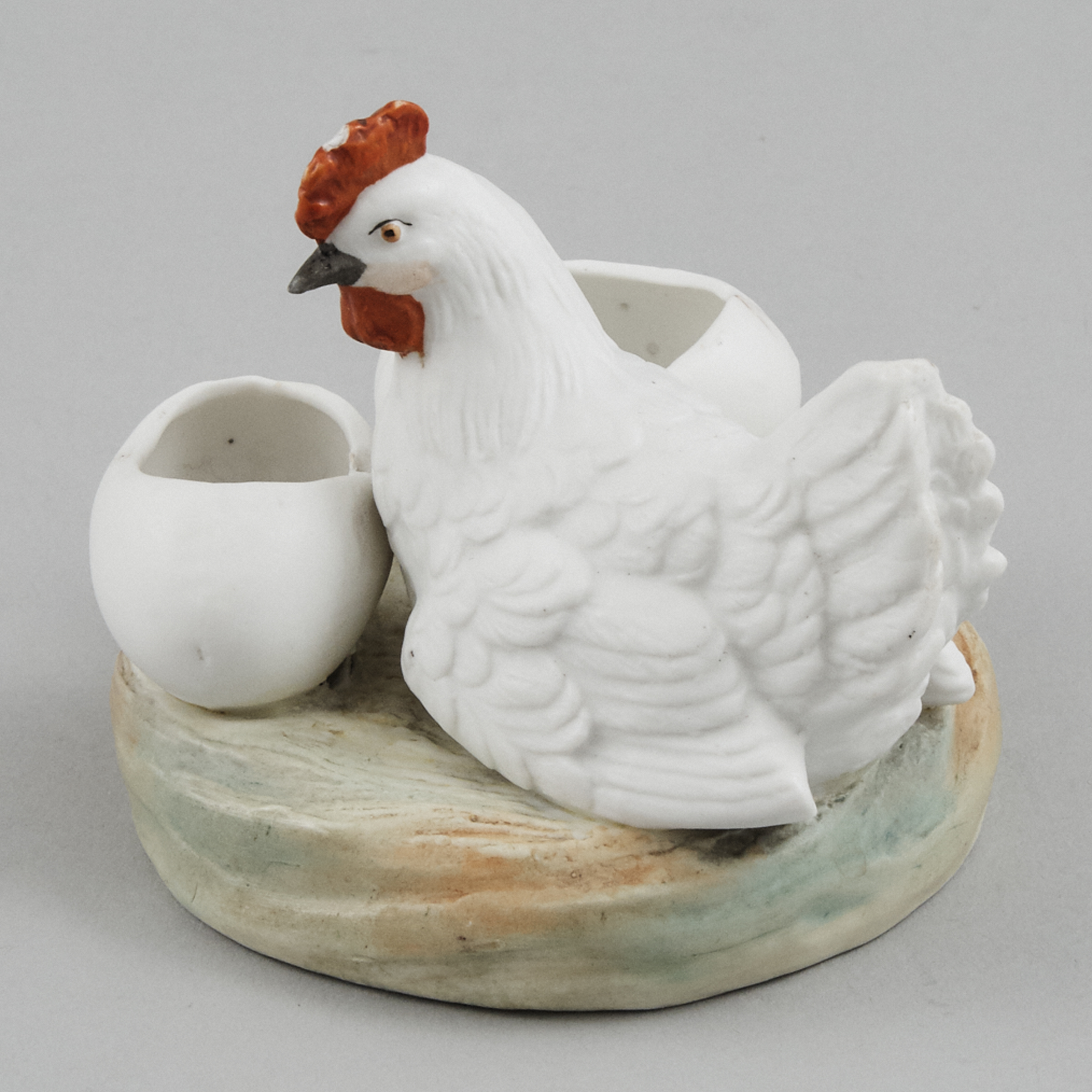 Russian Coloured Biscuit Porcelain Hen and Eggs Salt Cellar, probably Kuznetsov, c.1900