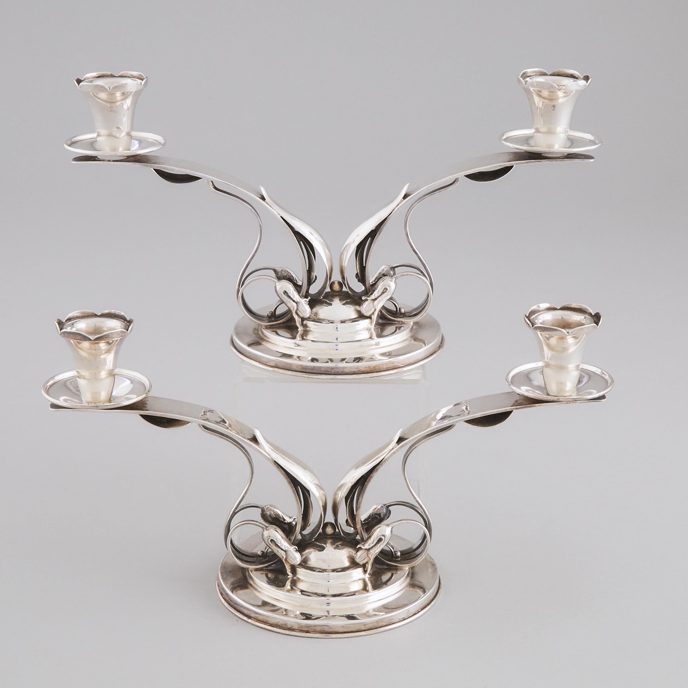 Pair of Canadian Silver Two-Light Candelabra, Carl Poul Petersen, Montreal, Que., mid-20th century
