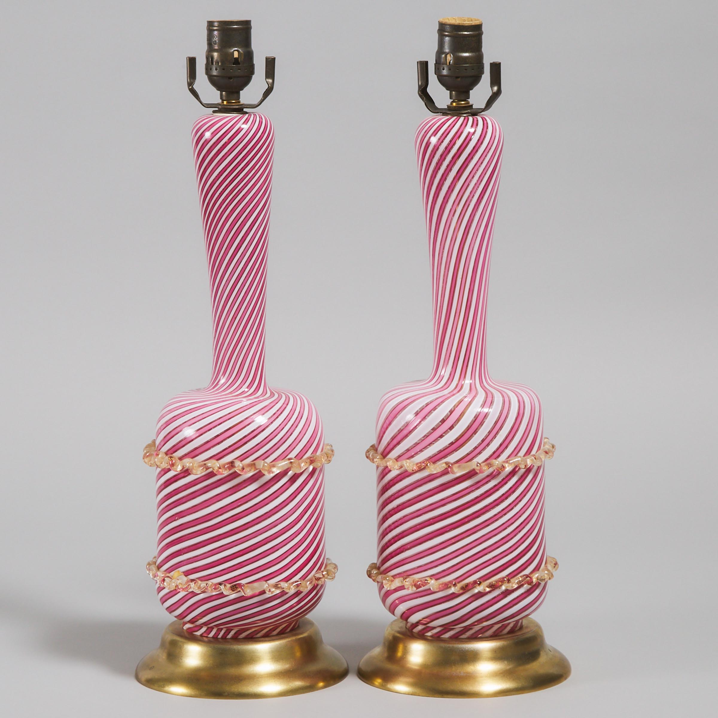Pair of Murano Pink and Opaque White Striped Glass Table Lamps, 20th century