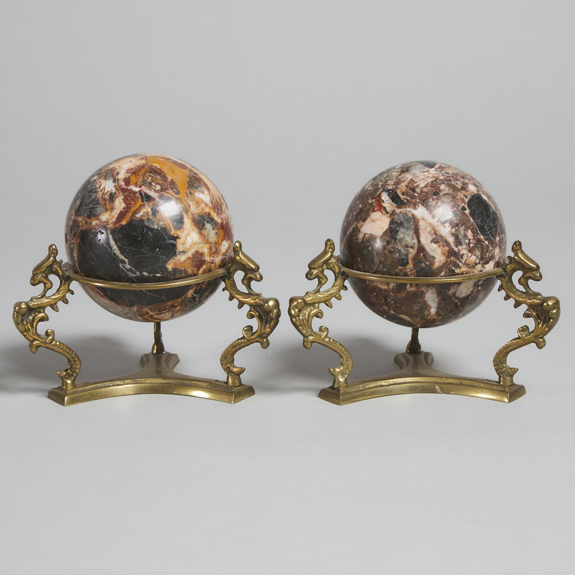Pair of Specimen Marble Orbs on Bronze Stands, 20th century