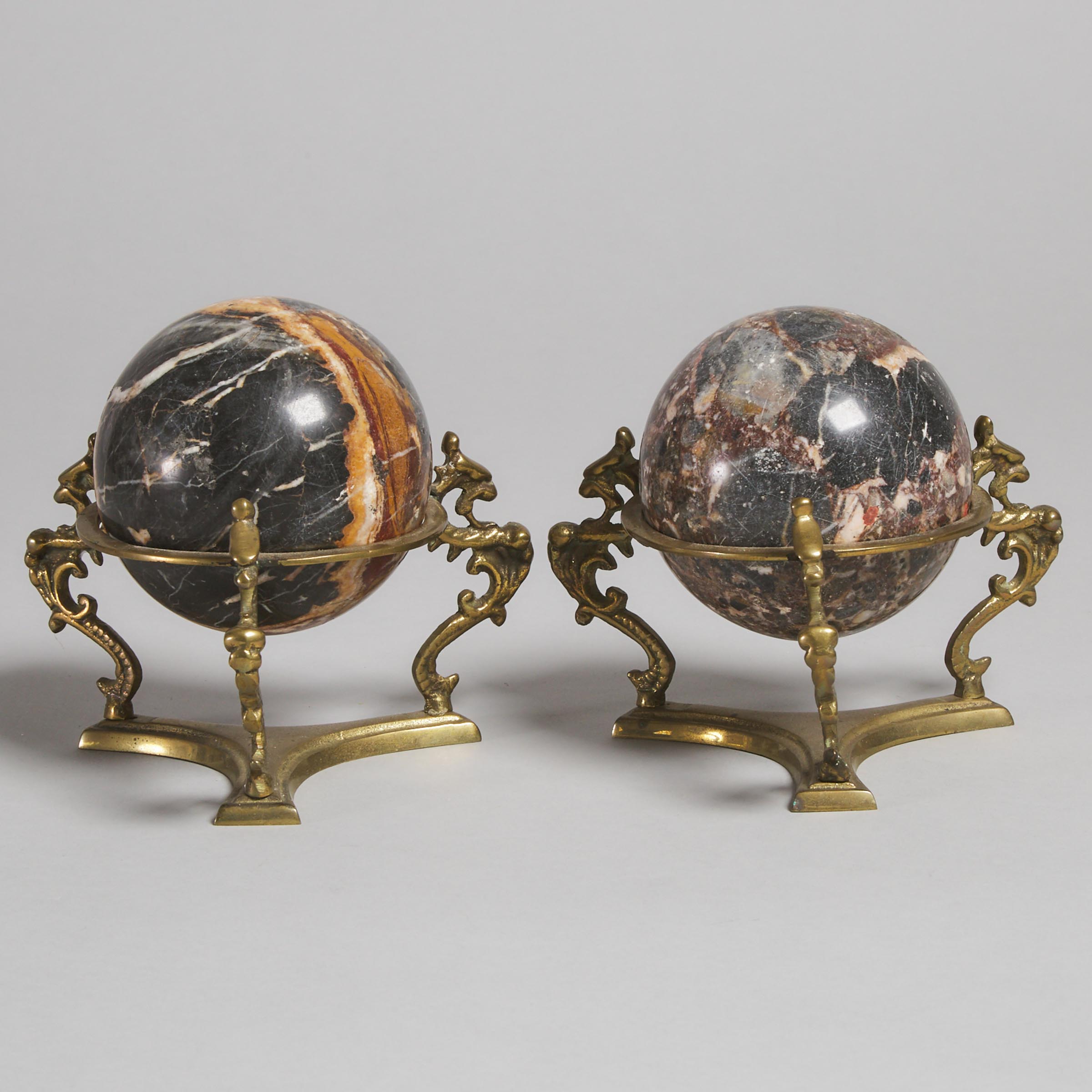 Pair of Specimen Marble Orbs on Bronze Stands, 20th century