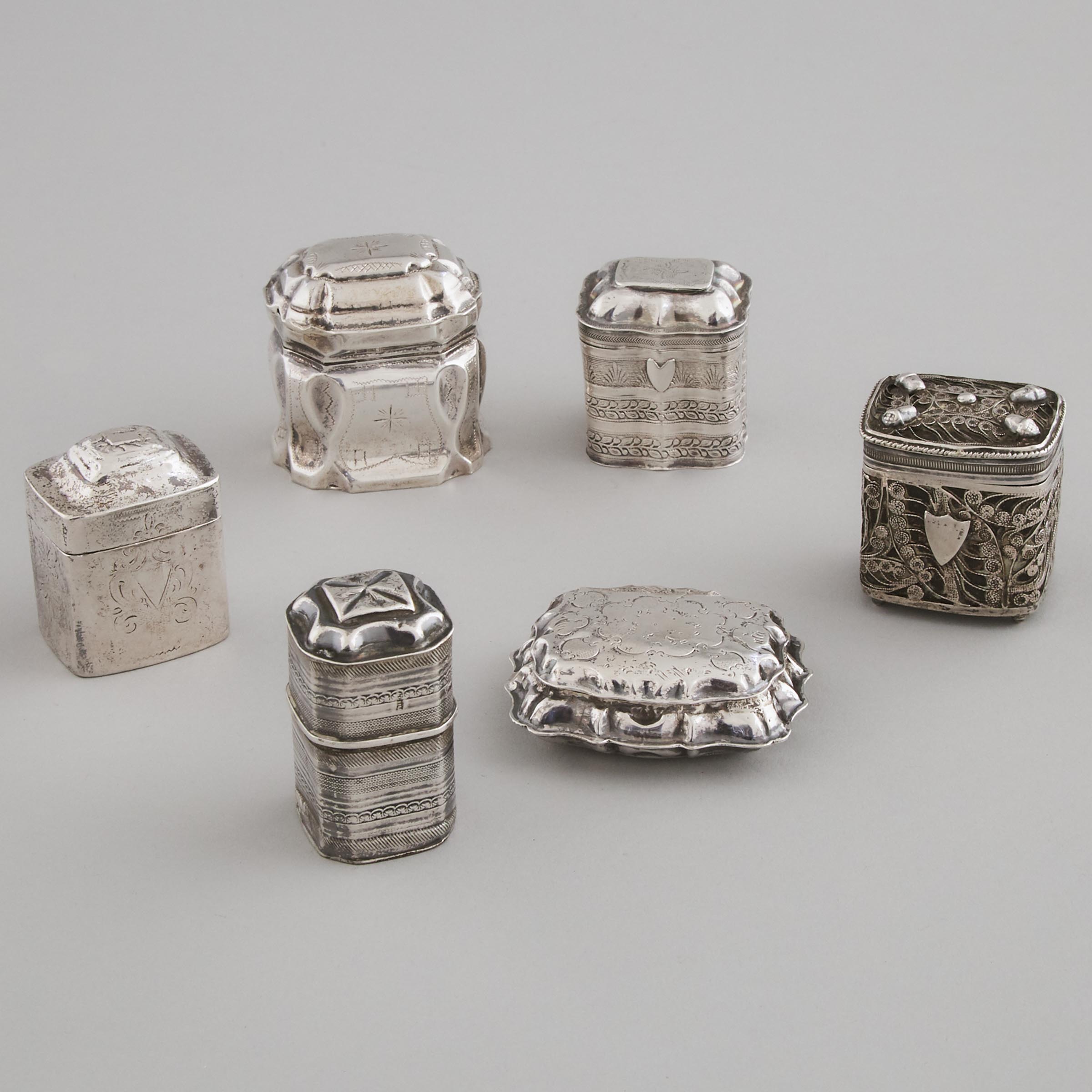 Six Dutch Silver Spice Boxes, 19th/20th century