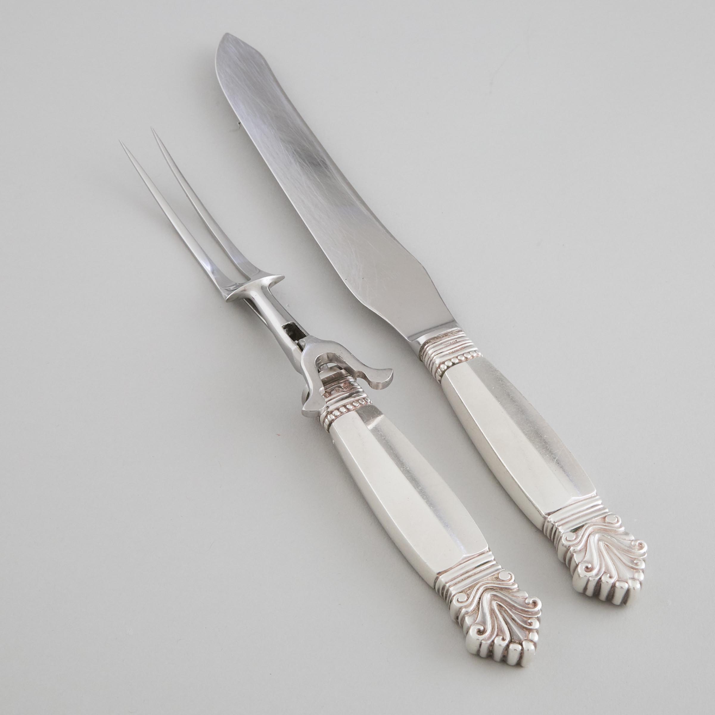 Danish Silver ‘Acanthus’ Pattern Carving Knife and Fork, Johan Rohde for Georg Jensen, Copenhagen, 1935