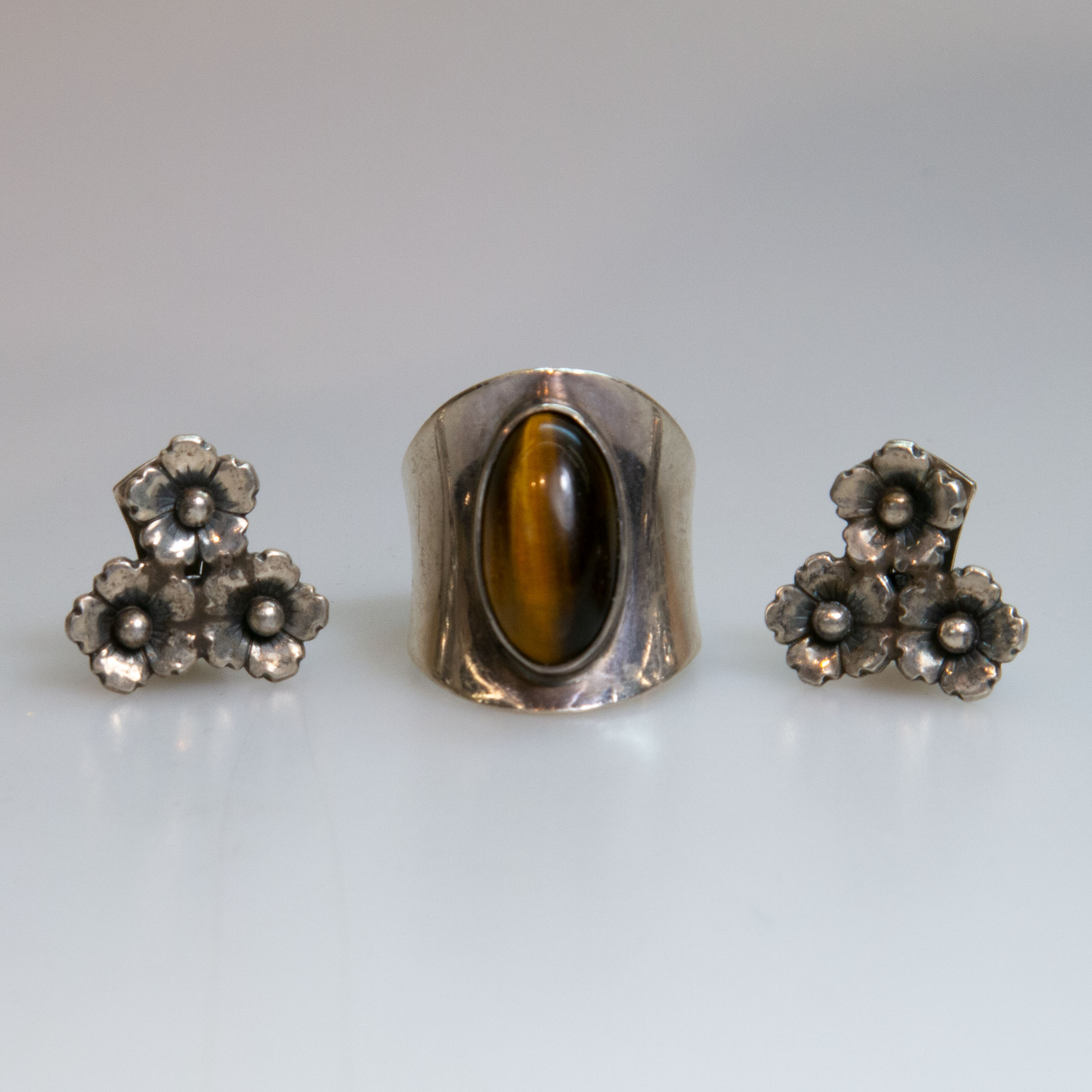 N.E. From Danish Sterling Silver Ring And A Pair Of Clip-Back Earrings