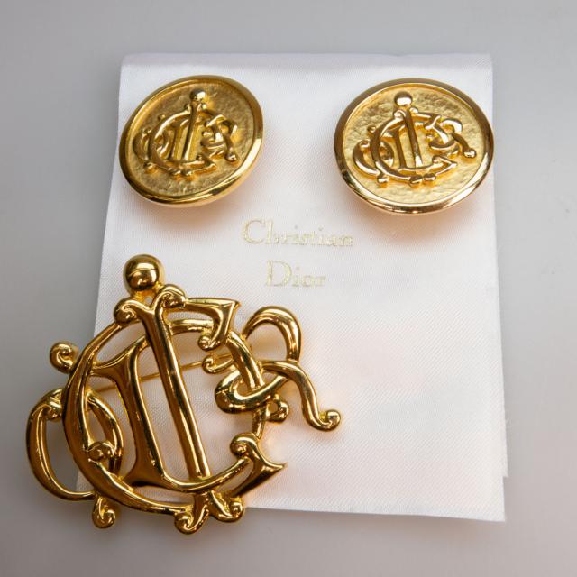 Christian Dior Gold Tone Metal Pin And A Pair Of Clipback Earrings