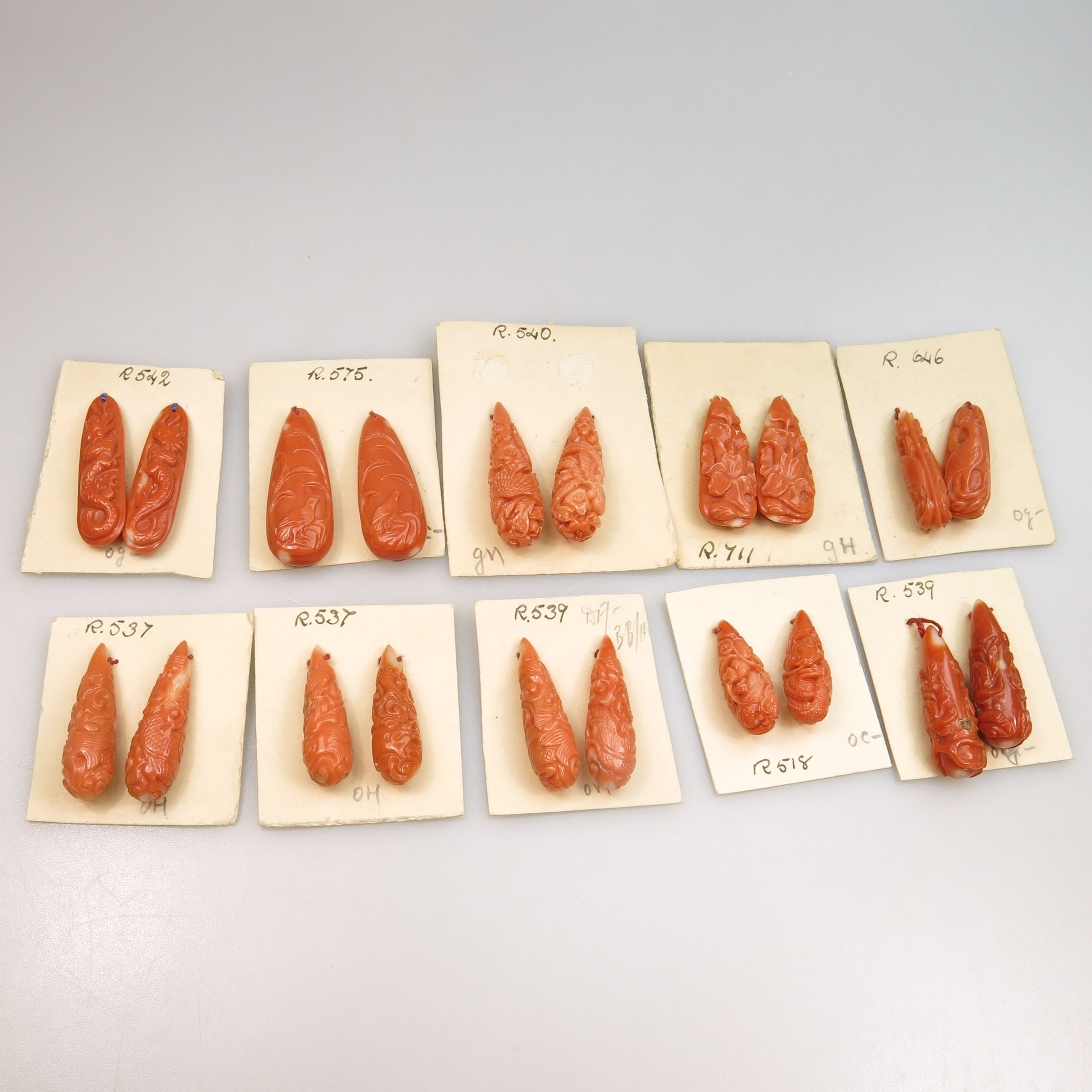 10 Pairs Of Carved Coral Drops