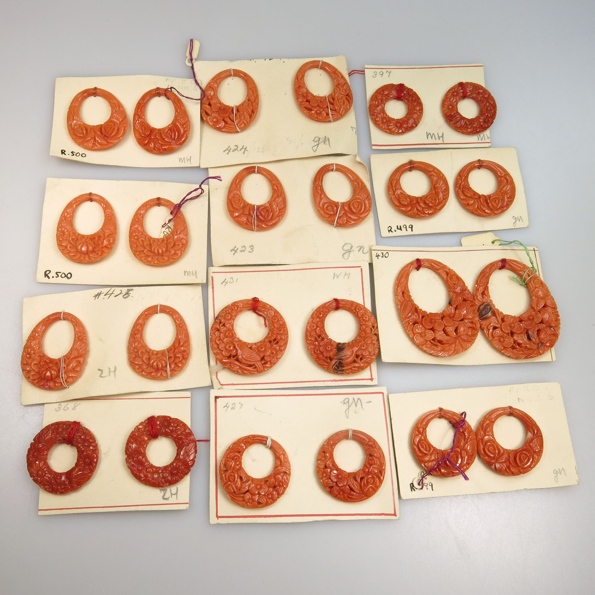 12 Pairs Of Carved Coral Hoops For Earrings
