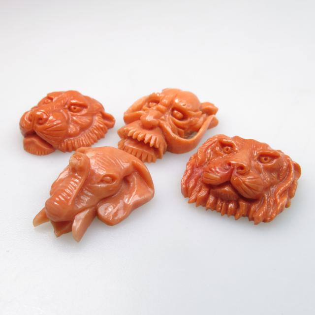 4 Carved Coral Animal Heads