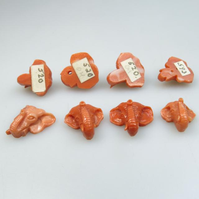 8 Carved Coral Elephant Heads