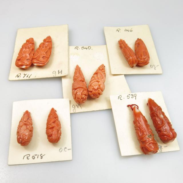 10 Pairs Of Carved Coral Drops