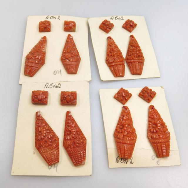 11 Pairs Of Carved Coral Studs And Drops