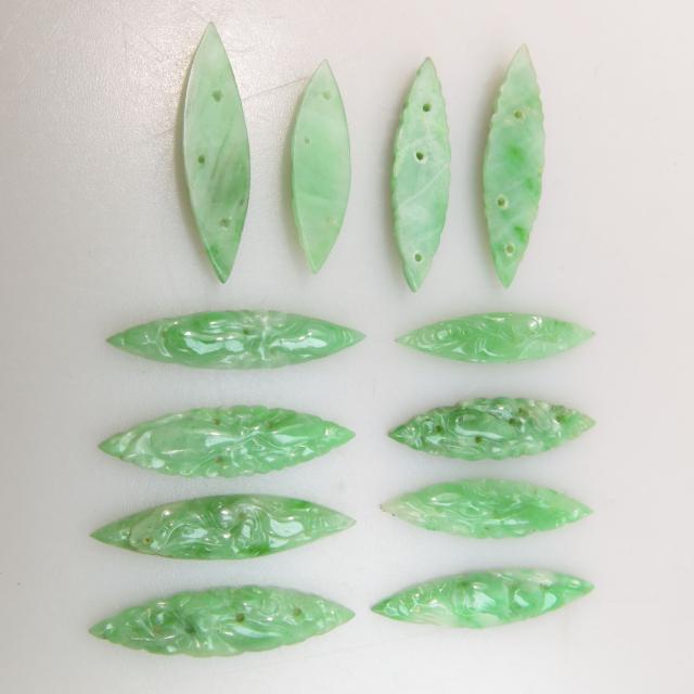 12 Carved And Pierced Navette Shaped Jadeite Panels