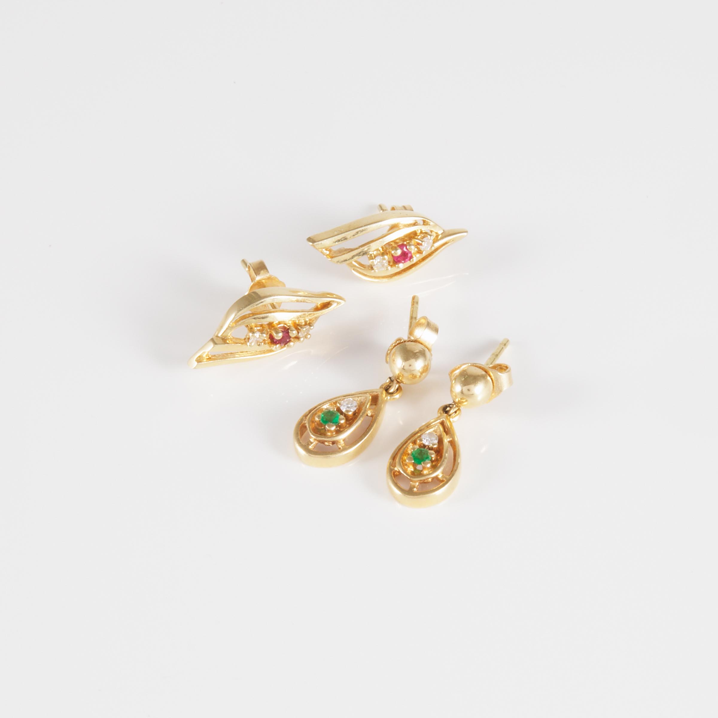 2 Pairs Of 14k Yellow Gold Earrings set with small rubies, emeralds and diamonds