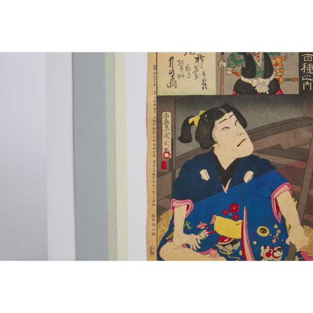 Utagawa Kuniyoshi (1798-1861), Toyohara Kunichika (1835-1900), Toshihide Migata (1863-1925), A Group of Five Ukiyo-e Woodblock Prints, Edo/Meiji Period, 19th Century