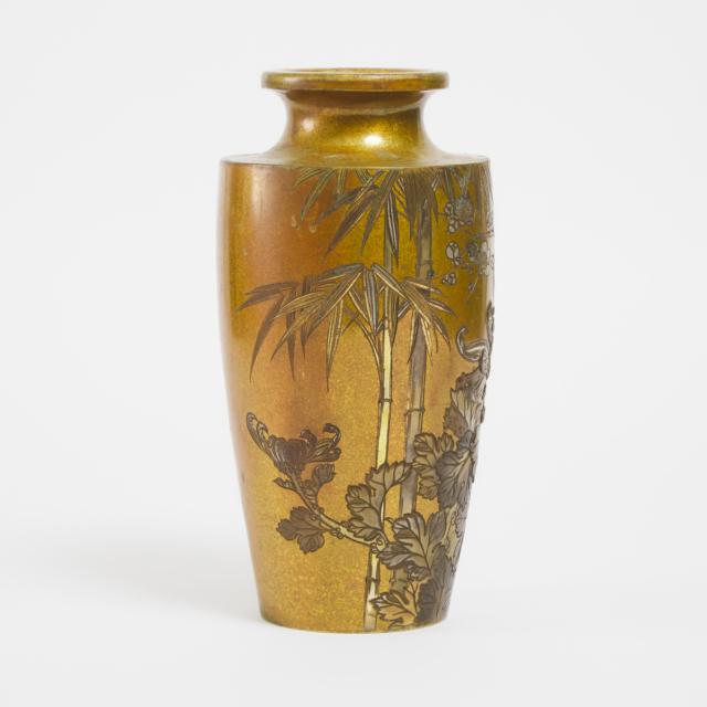A Japanese Mixed-Metal Inlaid Bronze Vase, Signed, Meiji Period