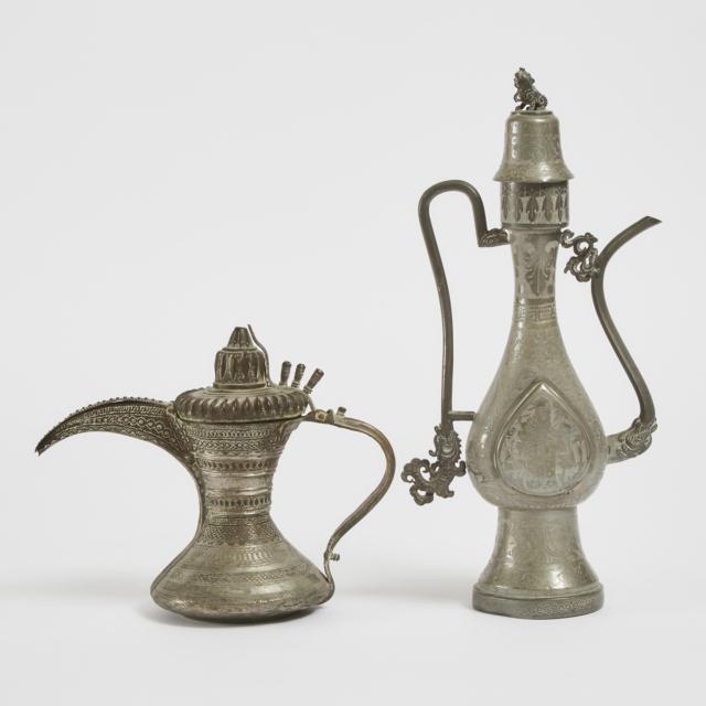 A Chinese 'Shoulao' Pewter Ewer, Together with a Turkish Pewter Ewer, Late 19th/Early 20th Century