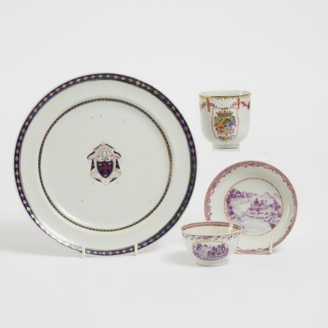 A Chinese Export Armorial Plate, M'Arthur, Circa 1795, together with an Armorial Teacup and a Cup and Saucer, Qianlong Period, 18th Century
