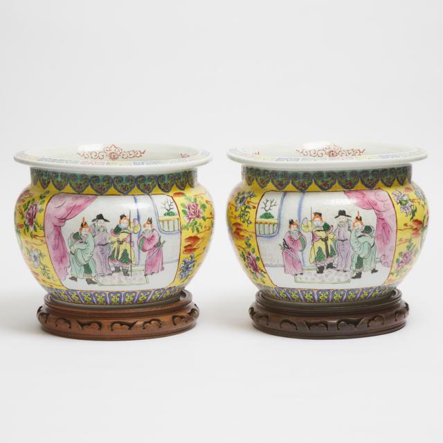 A Pair of Yellow-Ground Famille Rose Fish Bowls, Daoguang Mark, Early to Mid 20th Century