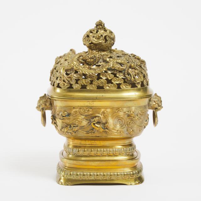 A Chinese Bronze Censer, Cover and Stand, 20th Century