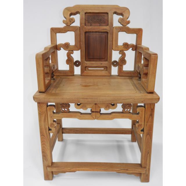 A Chinese Elmwood Table and Two Chairs
