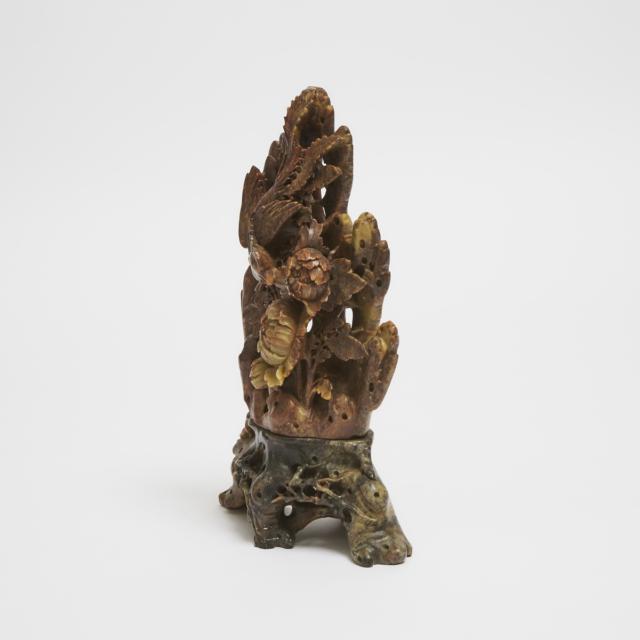 A Chinese Soapstone 'Phoenix and Peonies' Carving, Early 20th Century