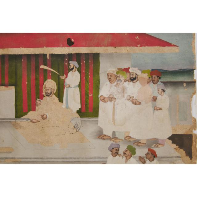 A Large and Incomplete Indian Miniature Painting of a Durbar, 19th Century