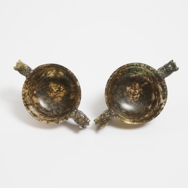 A Pair of Carved Moss Agate 'Dragon-Fish' Handled Cups, Early 20th Century
