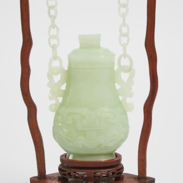 A Pale Celadon Hardstone Vase With Chain and Cover, Mid 20th Century