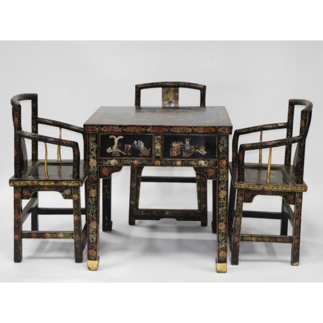 A Chinese Black Lacquer Square Table and Four Chairs