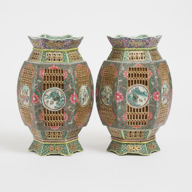 A Pair of Chinese Export Canton Famille Rose Reticulated Lanterns and Stands, Early 19th Century