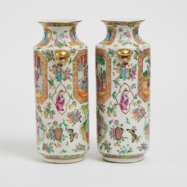 A Pair of Chinese Export Canton Famille Rose Cylindrical 'Figural' Vases, 19th Century