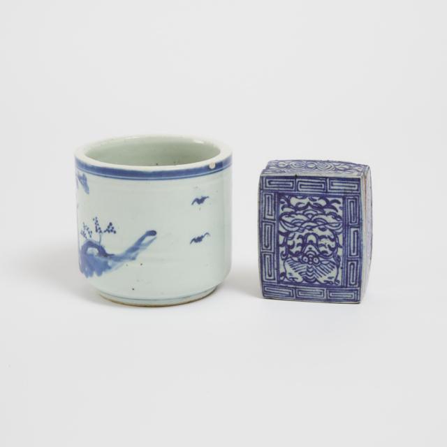A Chinese Blue and White 'Figural' Censer, Together with a Rectangular Covered Box, 19th Century