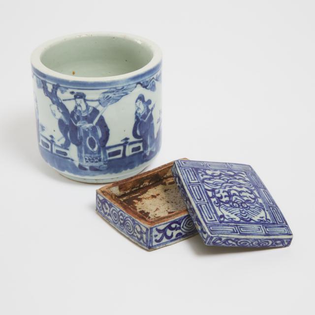 A Chinese Blue and White 'Figural' Censer, Together with a Rectangular Covered Box, 19th Century