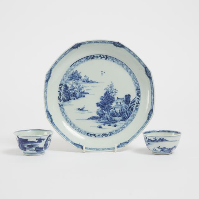 A Blue and White Octagonal 'Landscape' Dish, Together With Two Cups, 18th Century