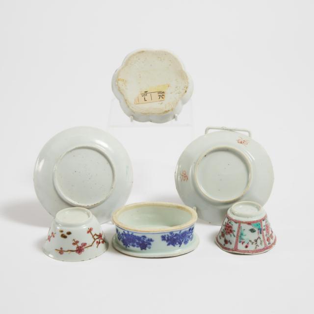 Two Sets of Famille Rose Cups and Saucers, Together With a Blue and White Lobed Dish and a Transferware Inkwell, 18th Century and Later