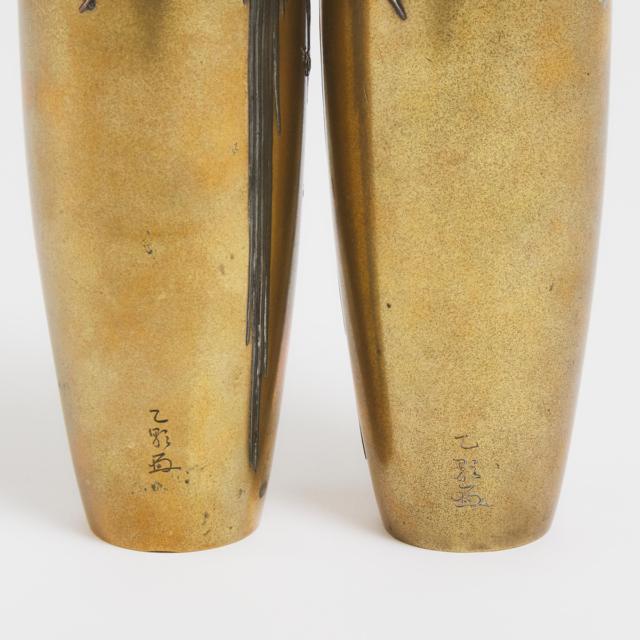 A Pair of Japanese Mixed-Metal Inlaid Bronze Vases, Meiji Period, Late 19th Century