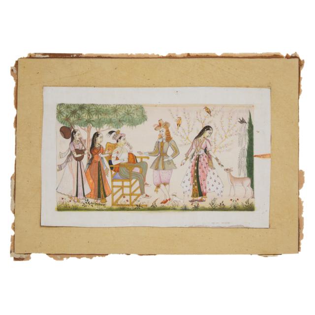 An Indian Miniature Painting of a Courtly Scene with a European Dandy, 19th Century or Earlier