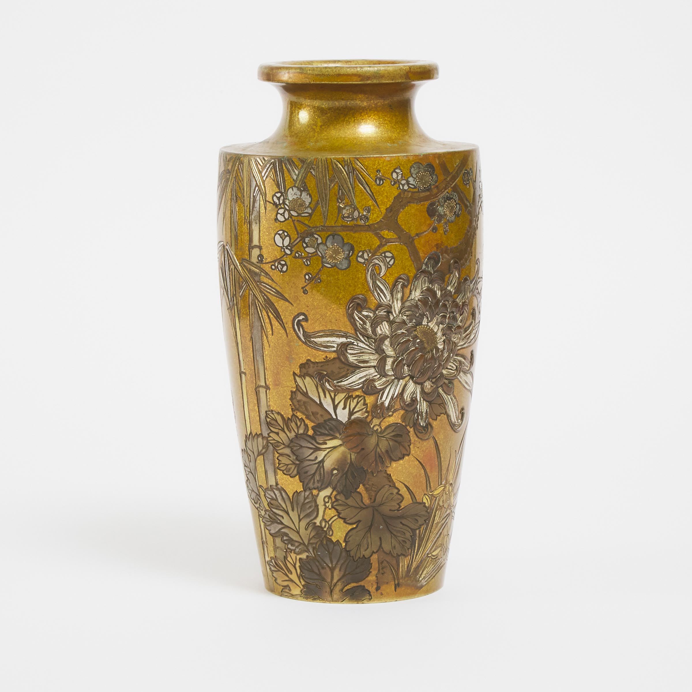 A Japanese Mixed-Metal Inlaid Bronze Vase, Signed, Meiji Period