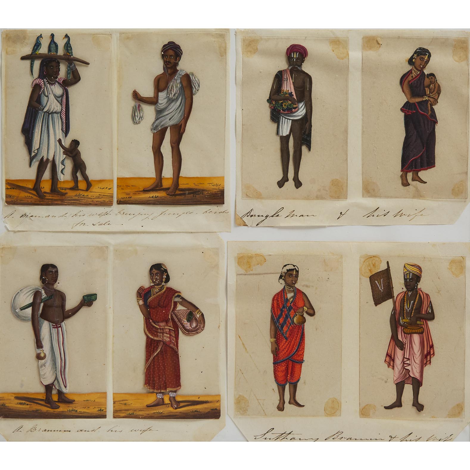 A Group of Eight Company School Mica Paintings of Castes and People of India, 19th Century