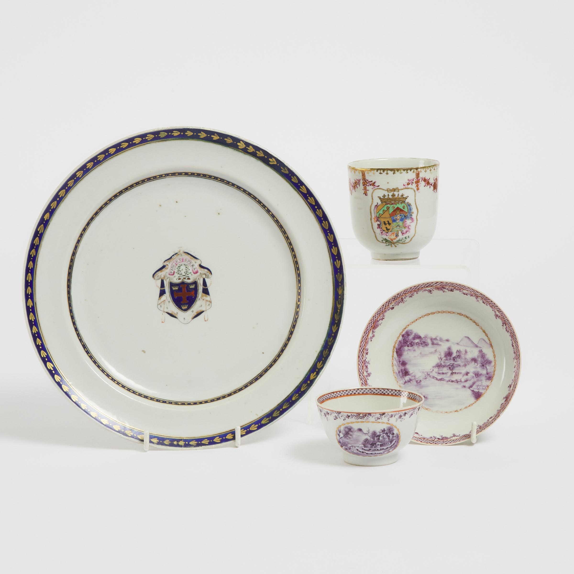 A Chinese Export Armorial Plate, M'Arthur, Circa 1795, together with an Armorial Teacup and a Cup and Saucer, Qianlong Period, 18th Century