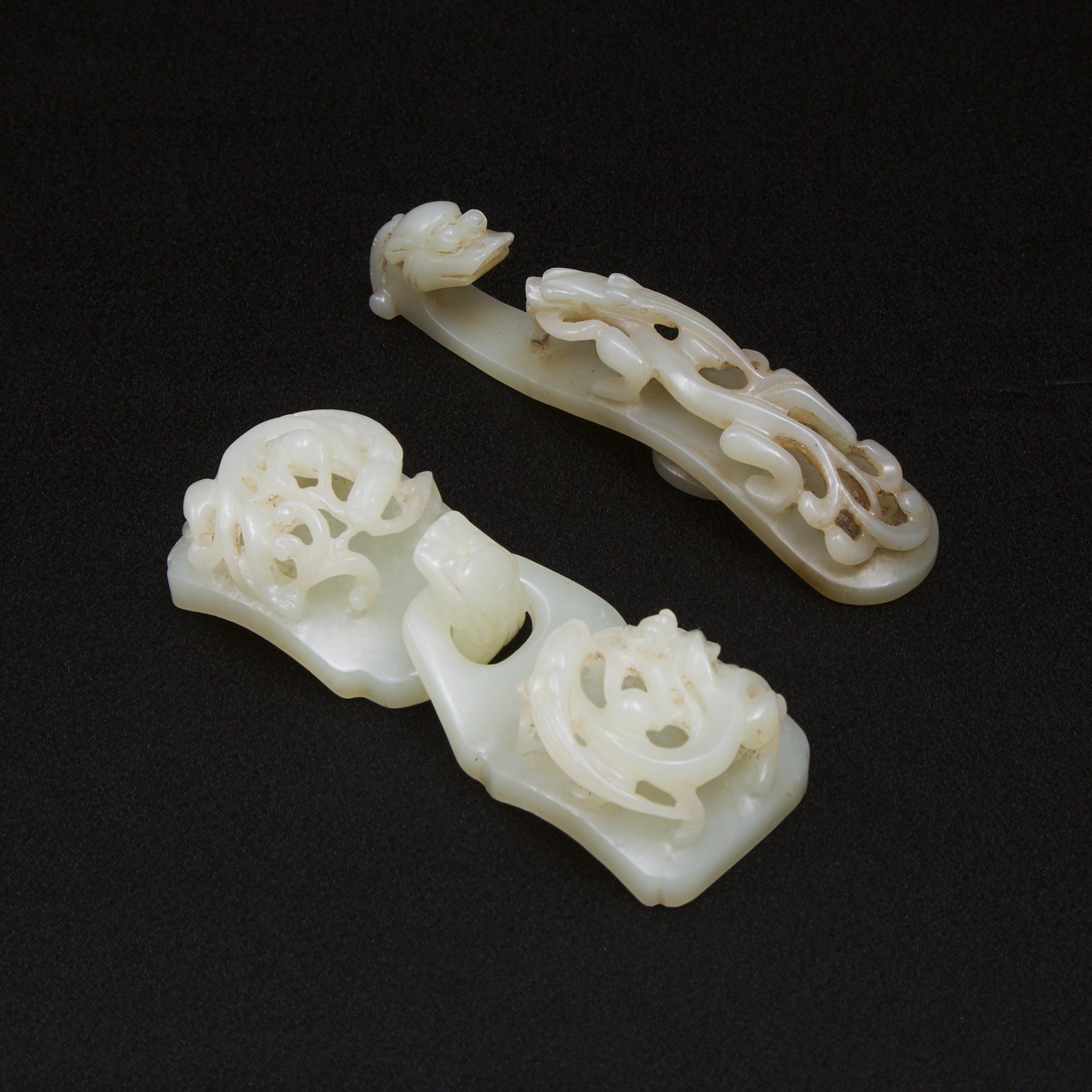 A Carved and Pierced White Jade Belt Buckle, Together with a White Jade 'Chi Dragon' Belt Buckle