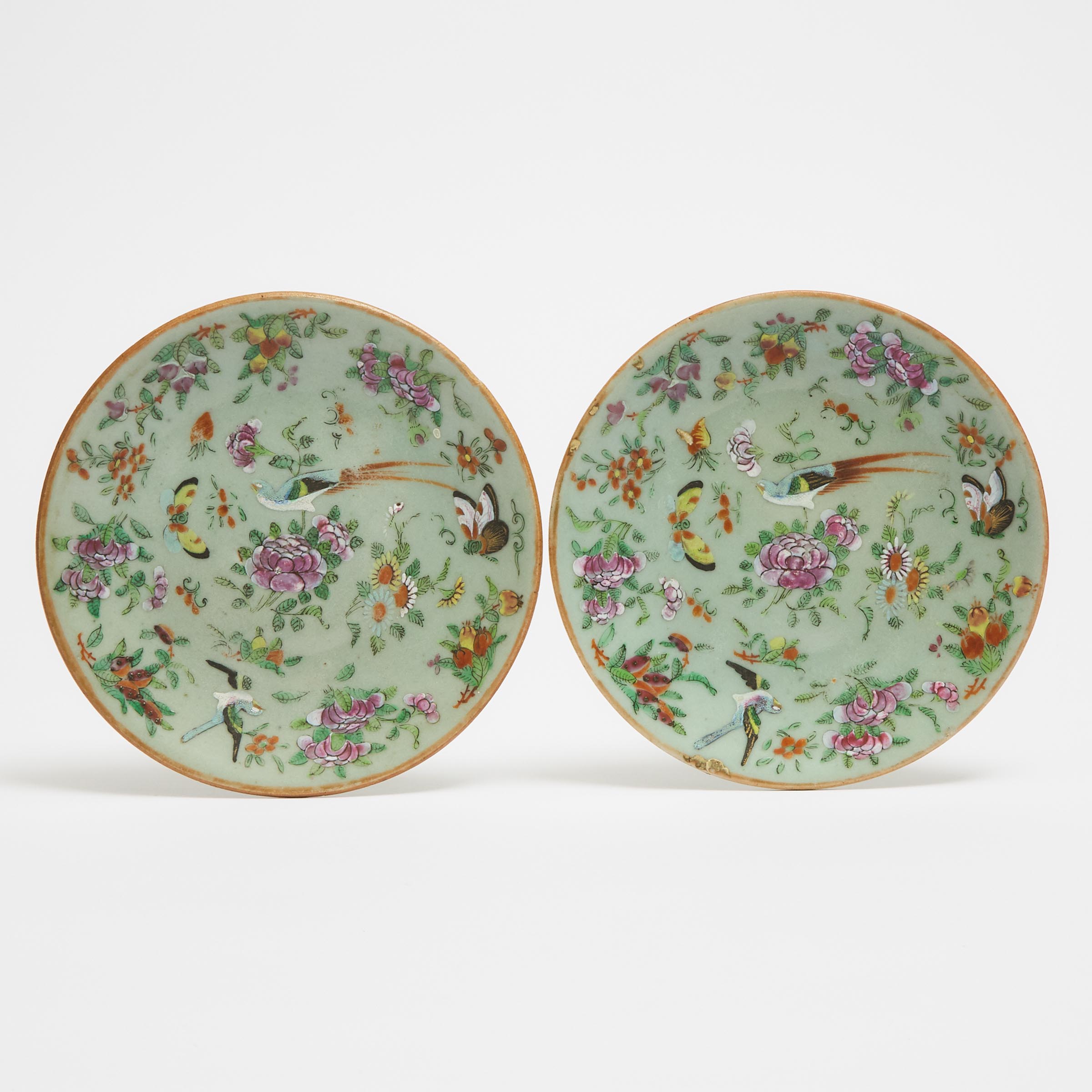 A Pair of Canton Enameled Celadon Dishes, 19th Century