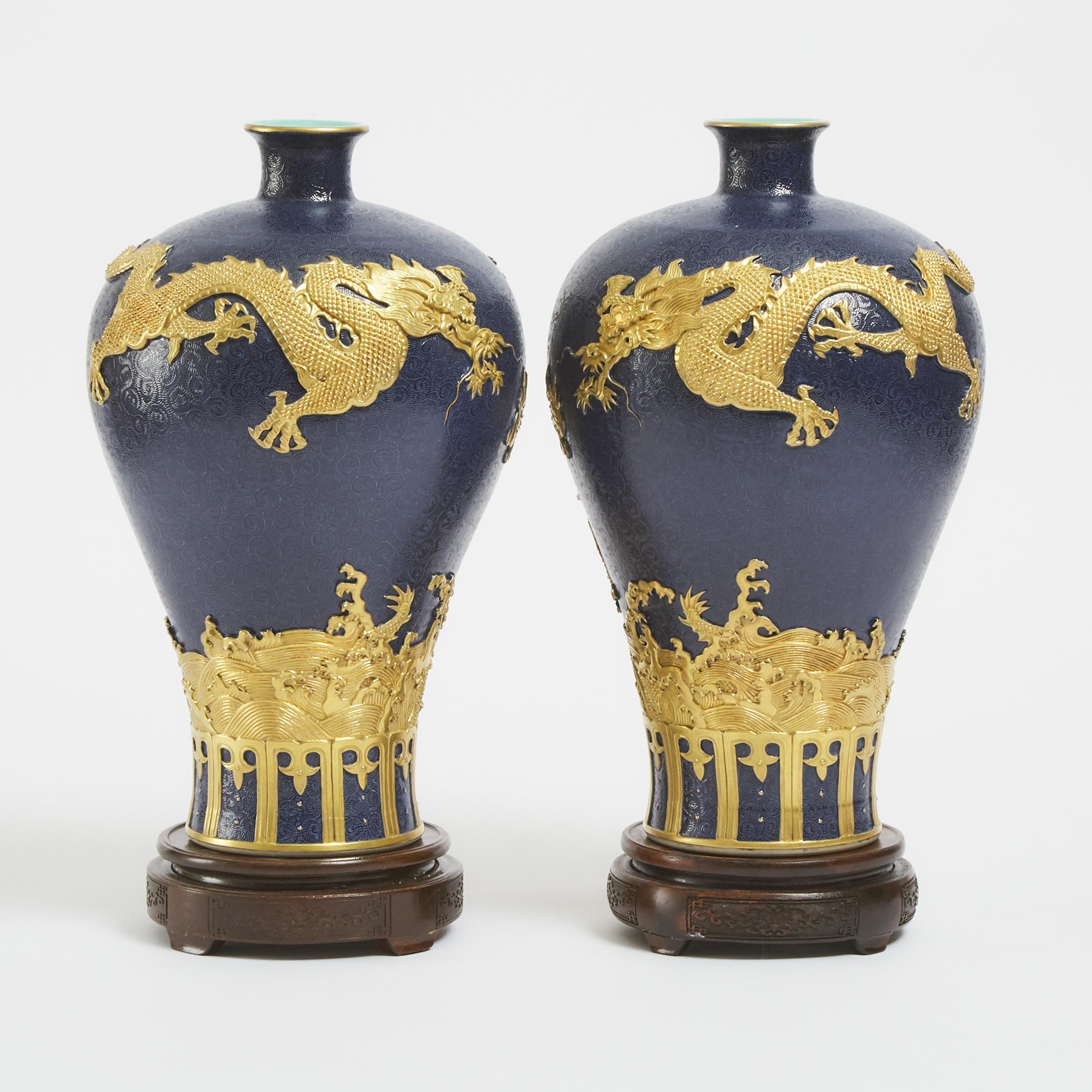 A Pair of Moulded 'Dragon' Meiping Vases, Qianlong Mark, 20th Century