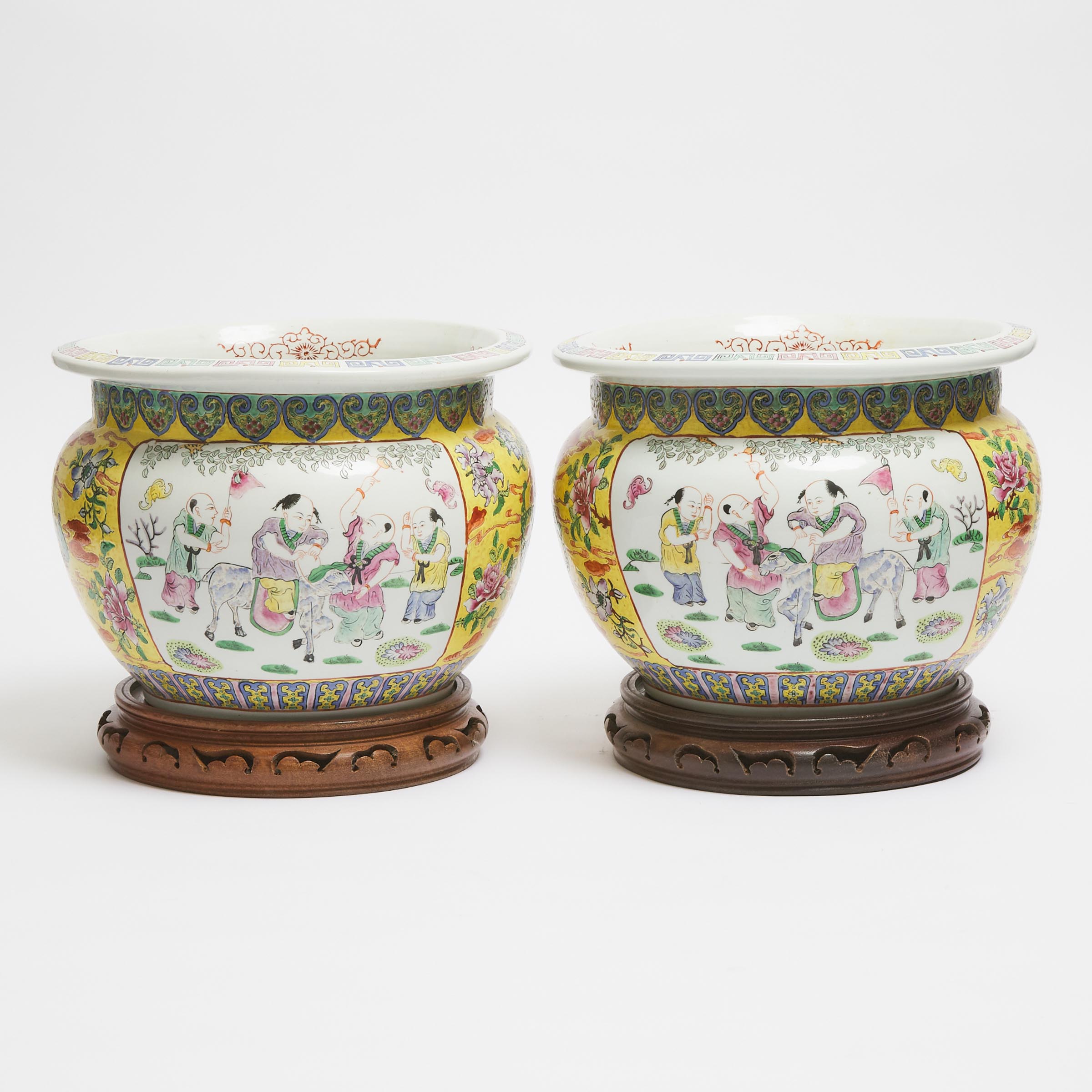 A Pair of Yellow-Ground Famille Rose Fish Bowls, Daoguang Mark, Early to Mid 20th Century
