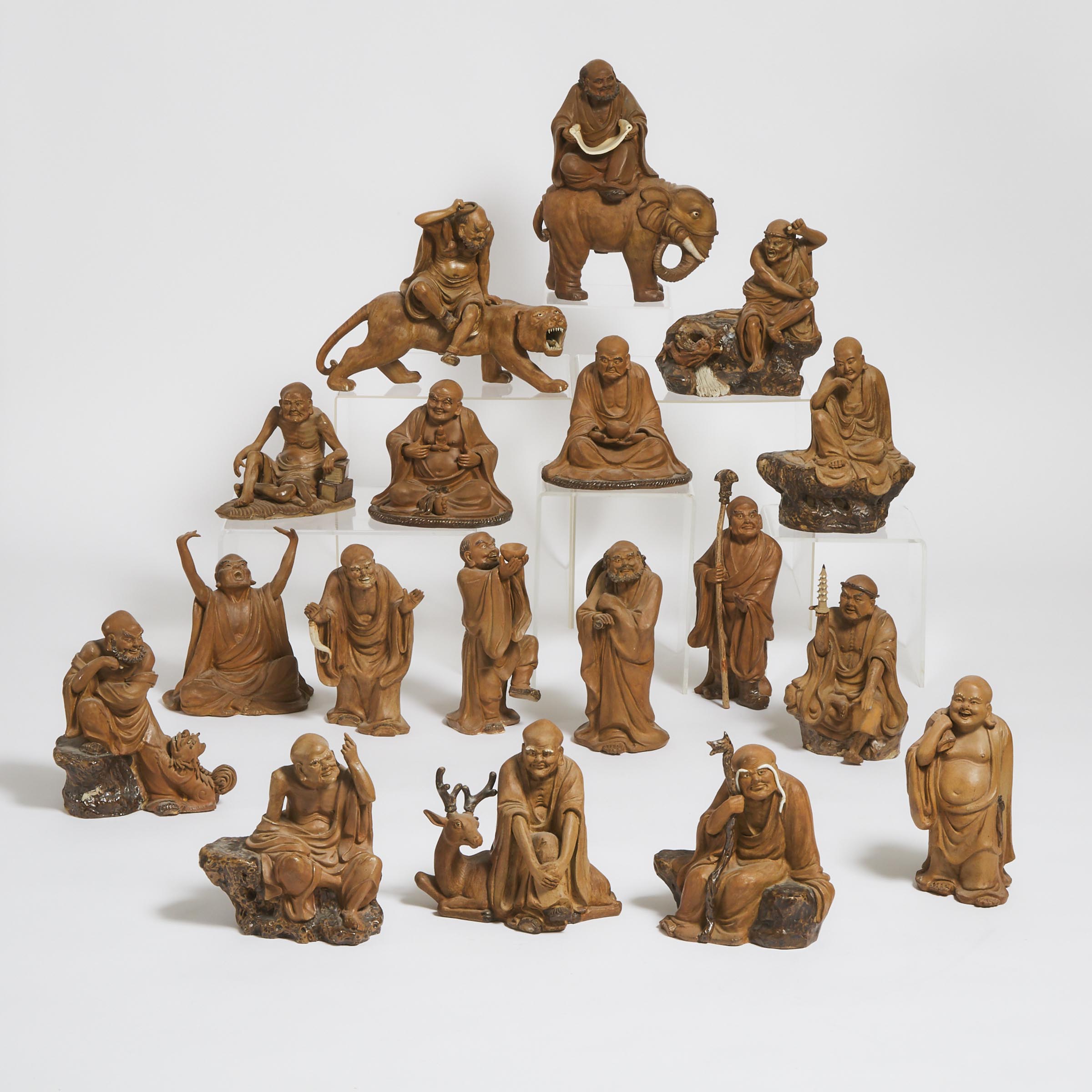 A Complete Set of Ceramic Figures of the Eighteen Luohan (Arhats), Shiwan, Circa 1980
